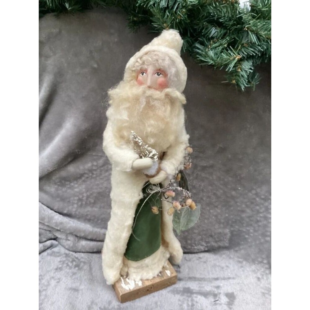 Folk Art Handmade Old World Santa Claus Batting Sheep's Wool Wooden Face & Base